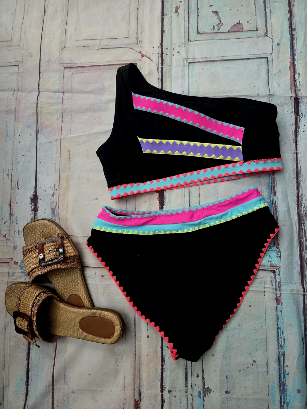 Black One-Shoulder Bikini Set with Neon Trim